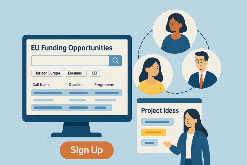 Illustration of the EUcalls.net platform showcasing EU funding discovery tools, partner matchmaking features, and a prominent 'Sign Up' button, with visuals of people collaborating and navigating project opportunities.