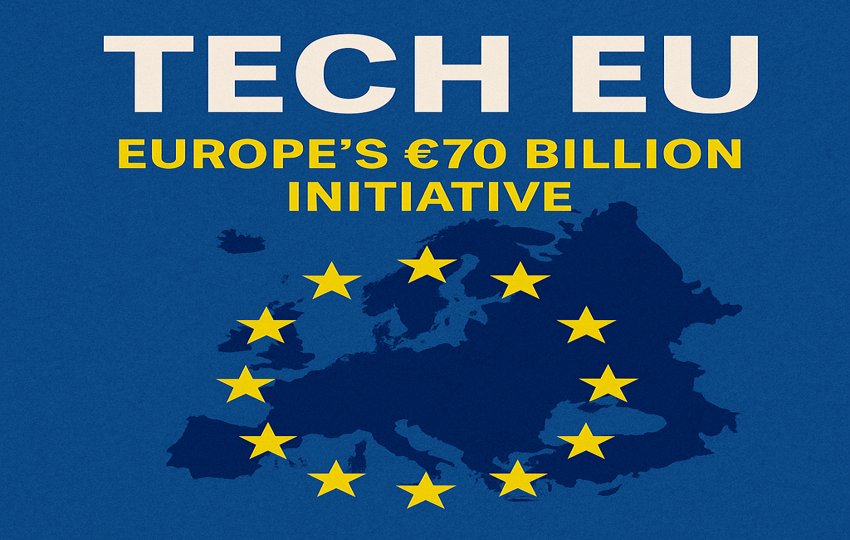 Digital graphic representing the Tech EU initiative, featuring the text 'TECH EU' with a map of Europe and EU stars, symbolizing the European Union’s €70 billion investment in innovation.