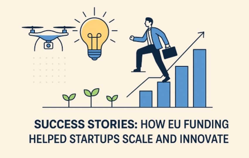Illustration of EU-funded startup growth featuring a drone