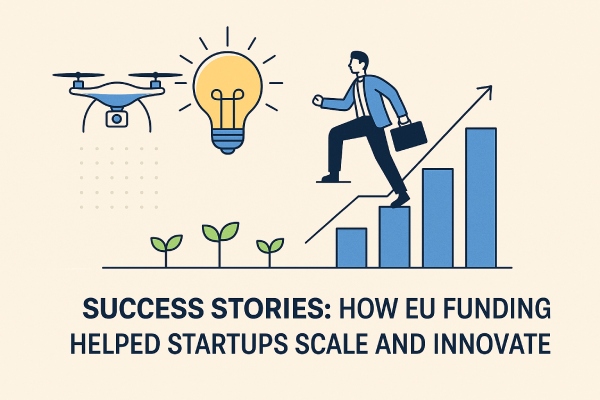 Illustration of EU-funded startup growth featuring a drone